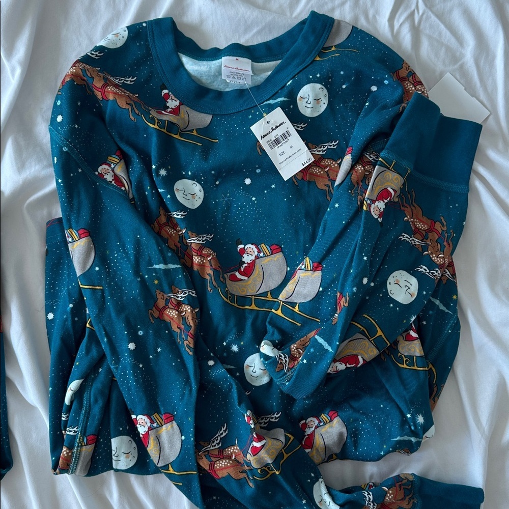 NWT Hanna Andersson Teal Santa Sleigh Christmas Pajama Set size M Organic cotton - Picture 5 of 6
